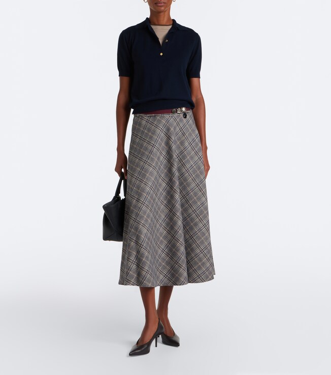 S Max Mara Belted plaid virgin wool midi skirt