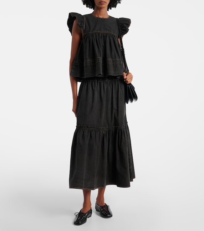 GANNI Smocked tiered cotton maxi skirt