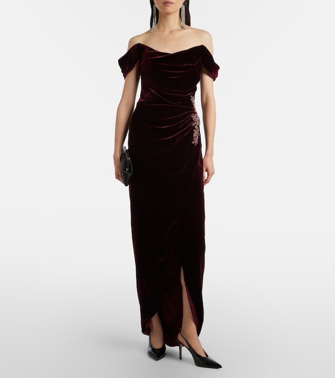 Costarellos Embellished off-shoulder velvet gown