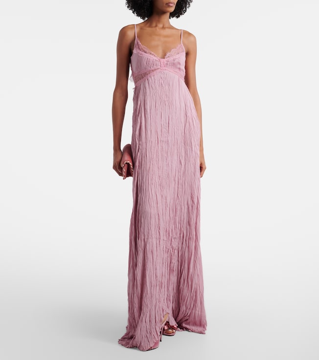 Blumarine Lace-trimmed plissé georgette gown