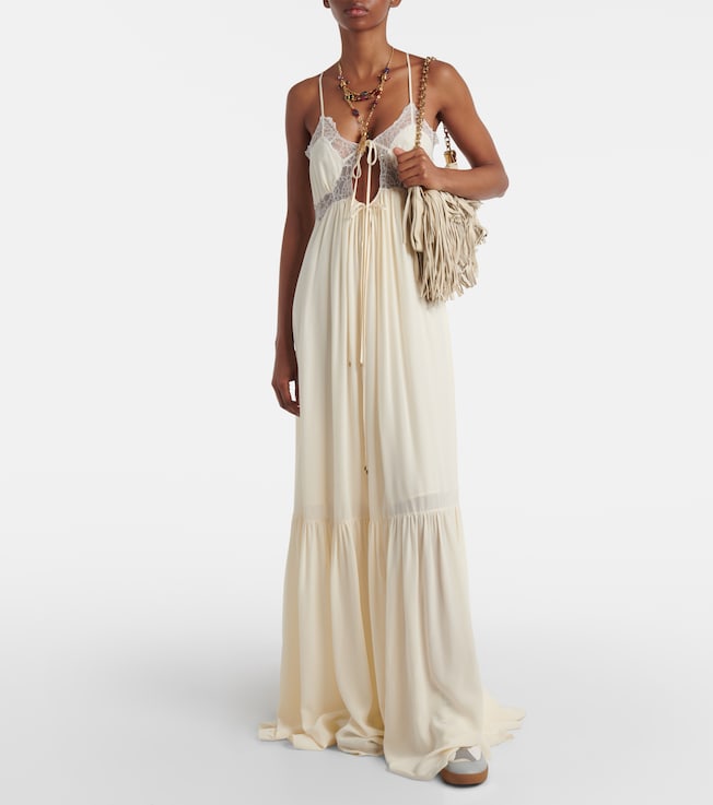 Chloé Lace-trimmed silk crêpe de chine maxi dress
