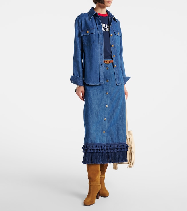 Valentino Fringed denim midi skirt