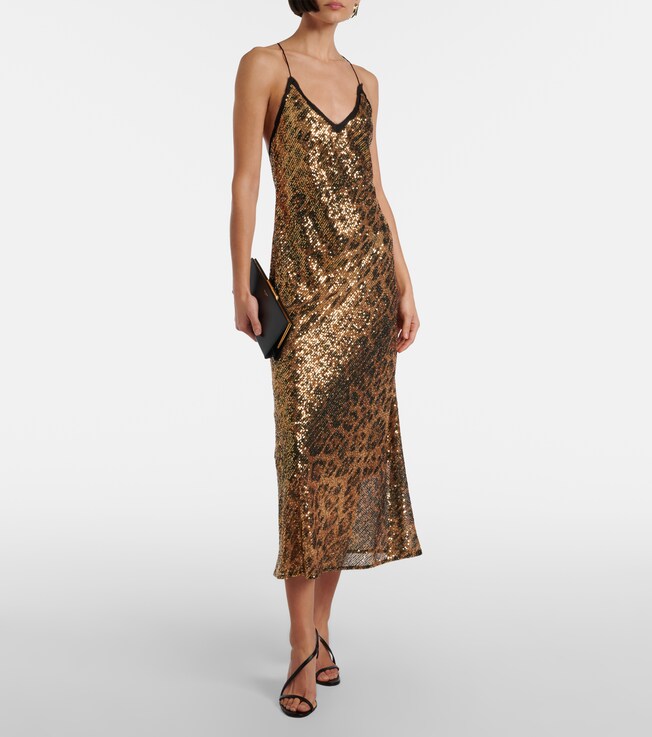 ROBERTO CAVALLI Leopard-print sequined slip dress