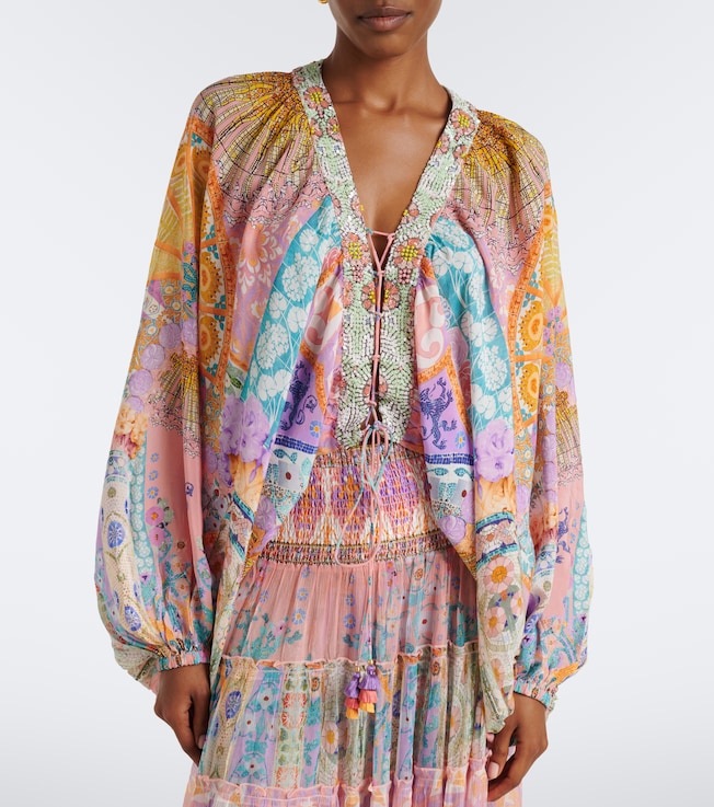 Camilla Embellished lace-up silk blouse