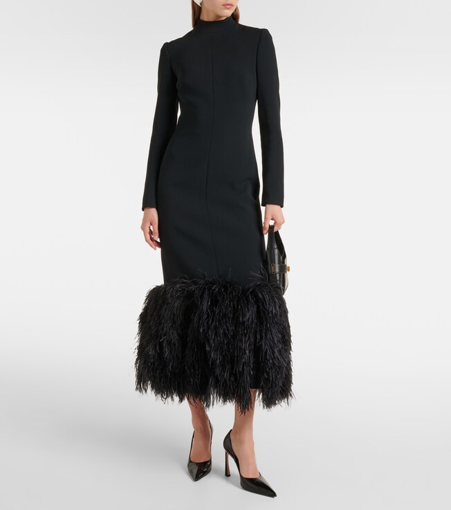 David Koma Feather-trimmed cady midi dress