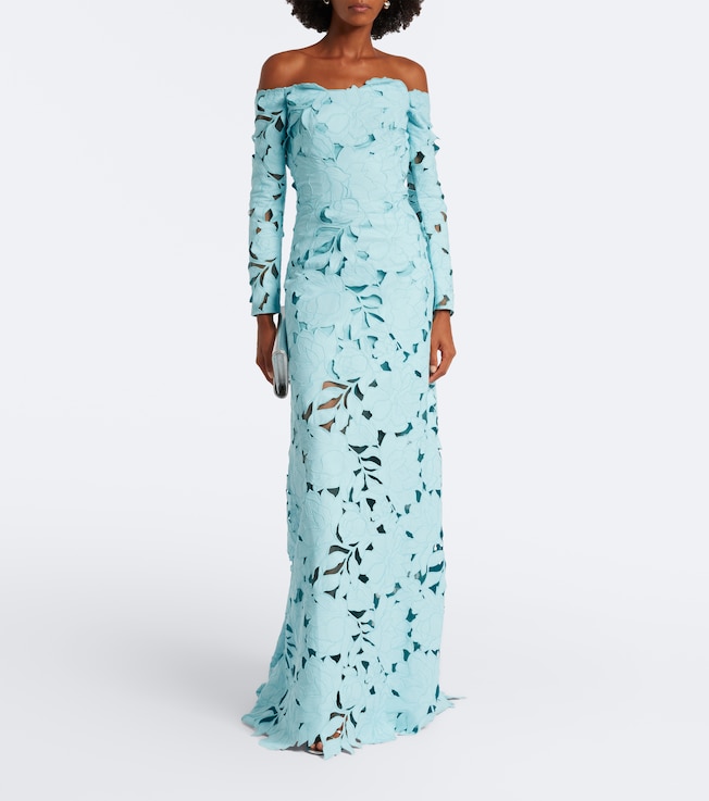 Costarellos Off-shoulder floral guipure lace gown