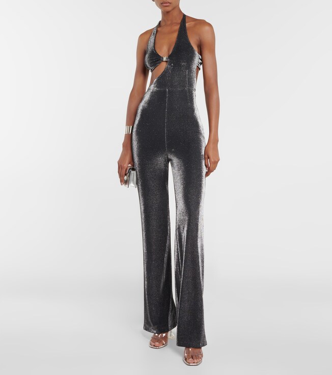 Rotate Metallic jersey halterneck jumpsuit