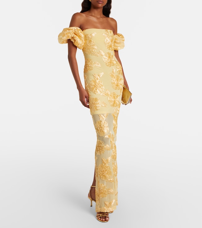Rotate Floral-appliqué off-shoulder maxi dress