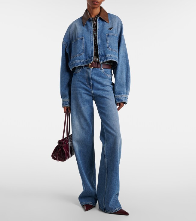 Prada Leather-trimmed cropped denim jacket