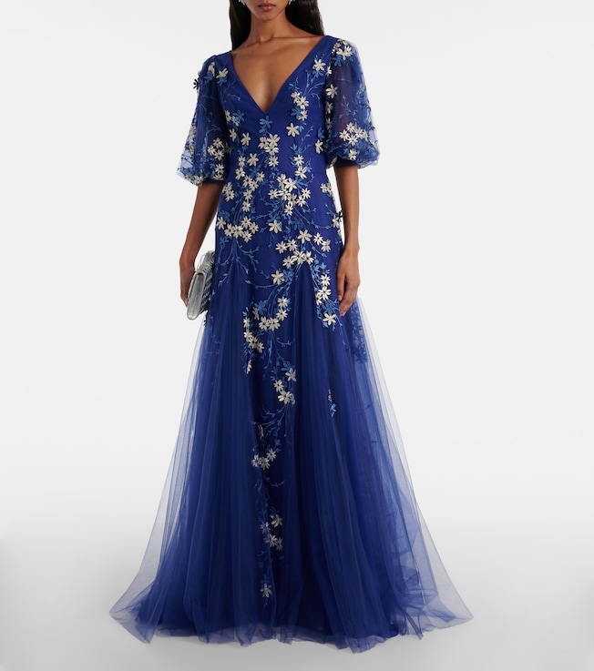 Costarellos Floral-appliqué tulle gown