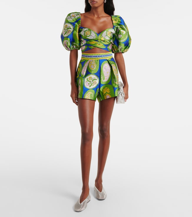 Alémais Printed balloon-sleeve cropped top