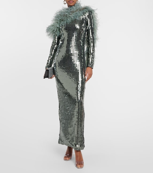 Taller Marmo Garbo Disco feather-trimmed sequined gown