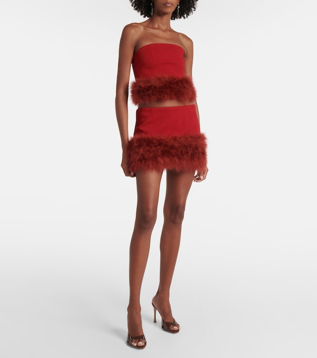 Blumarine Feather-trimmed crêpe crop top