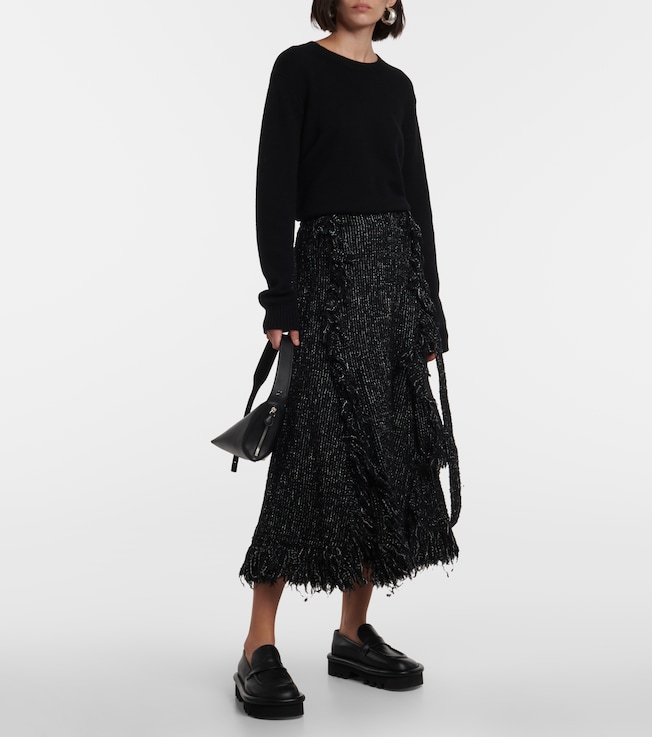 Sacai Fringed flared tweed midi skirt