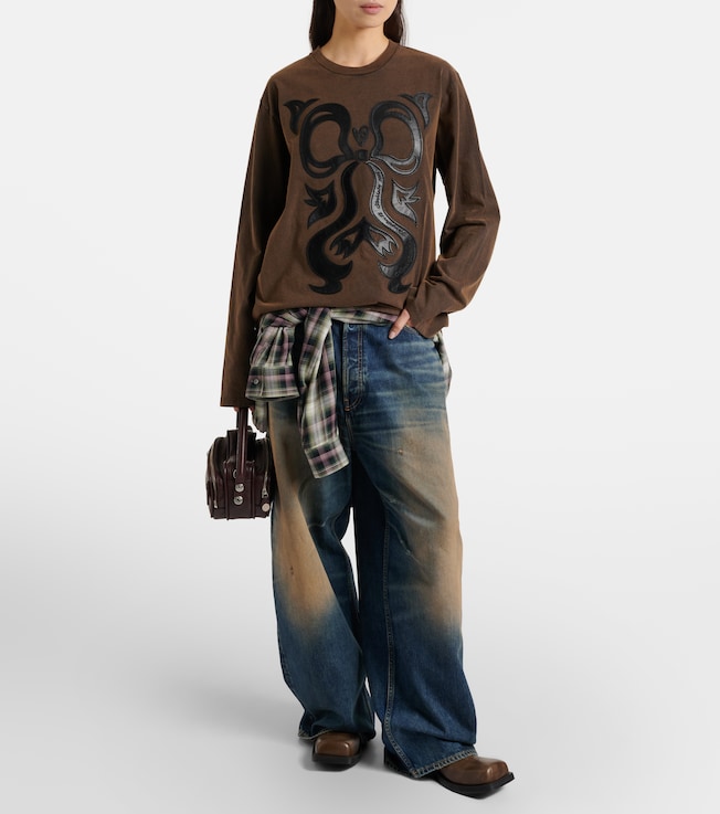 Acne Studios Edden embroidered leather-trimmed cotton jersey T-shirt