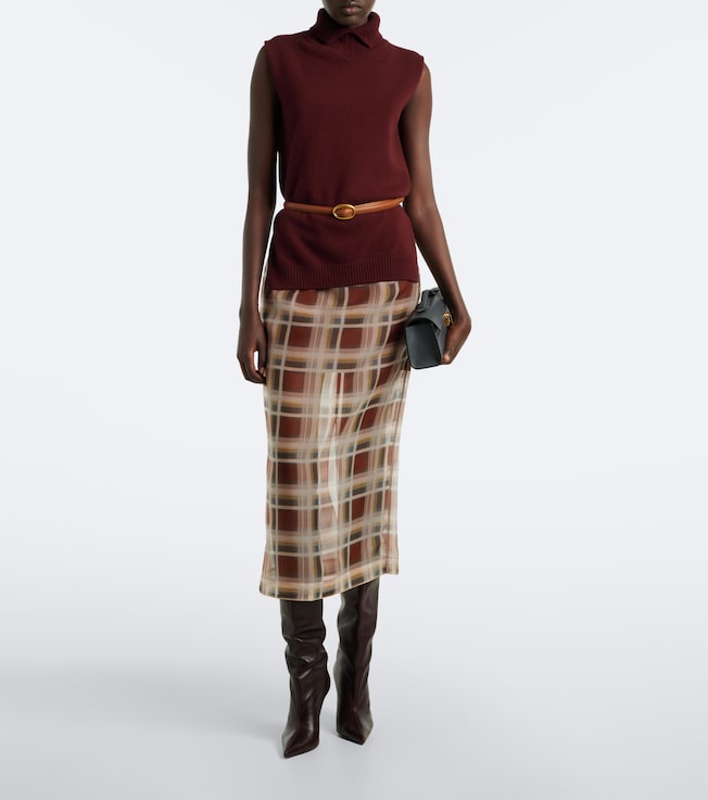FRAME Check silk midi skirt