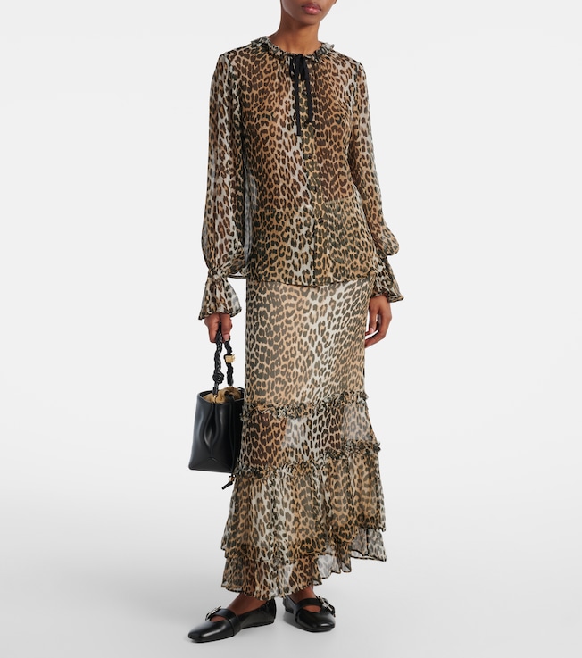 GANNI Leopard-print ruffled chiffon maxi skirt