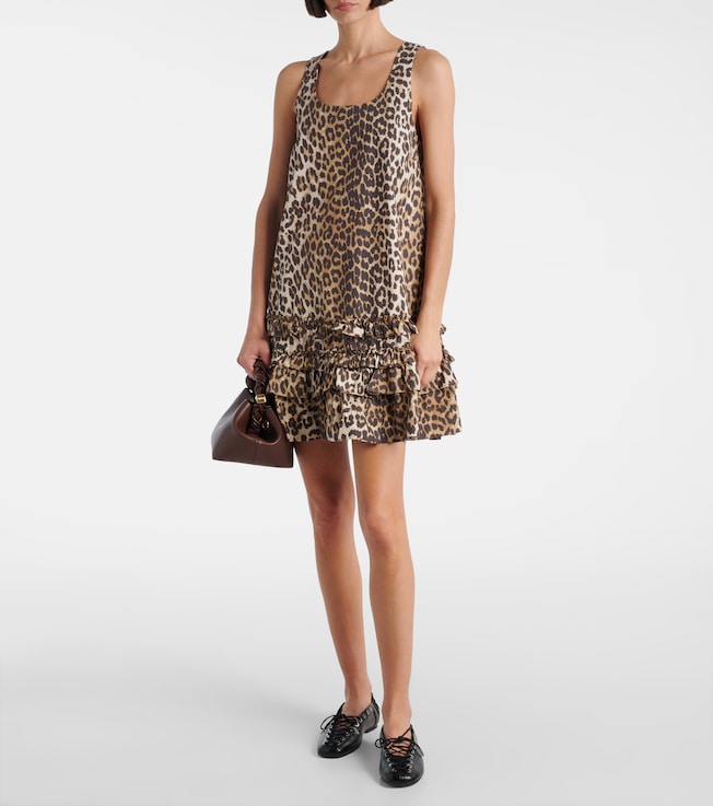 GANNI Leopard-print ruffled cotton poplin minidress