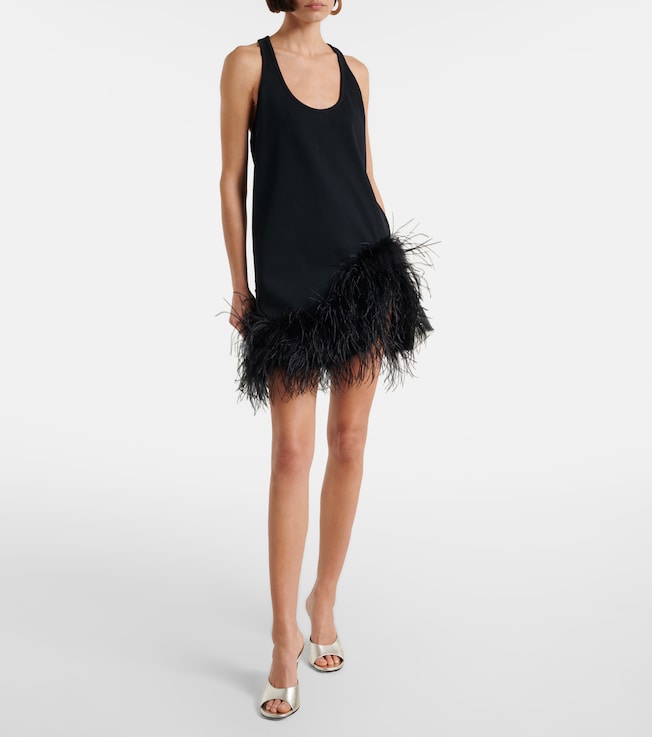 THE ATTICO Ribbed-knit feather-trimmed cotton minidress