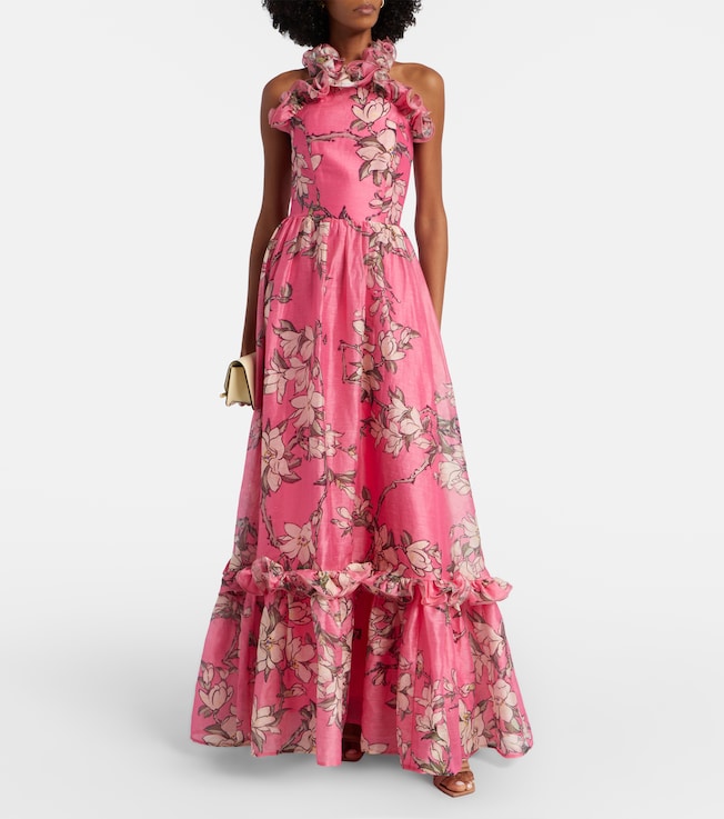 LEO LIN Isabelle floral ruffled linen-blend gown