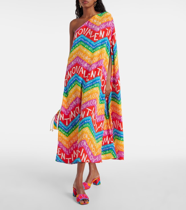 Valentino Logo one-shoulder silk midi dress