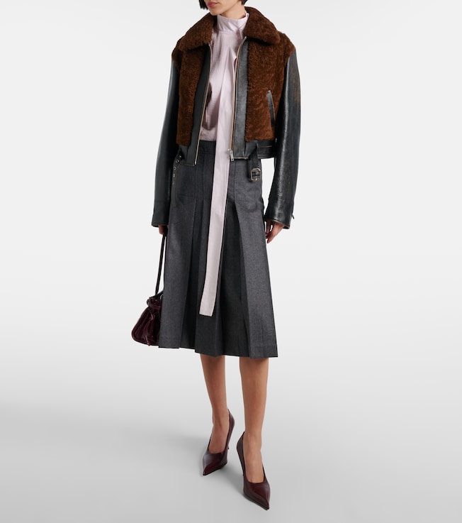 Prada Belted shearling-trimmed leather jacket
