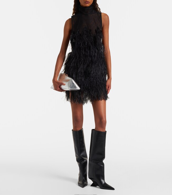 THE ATTICO Feather-trimmed embroidered minidress