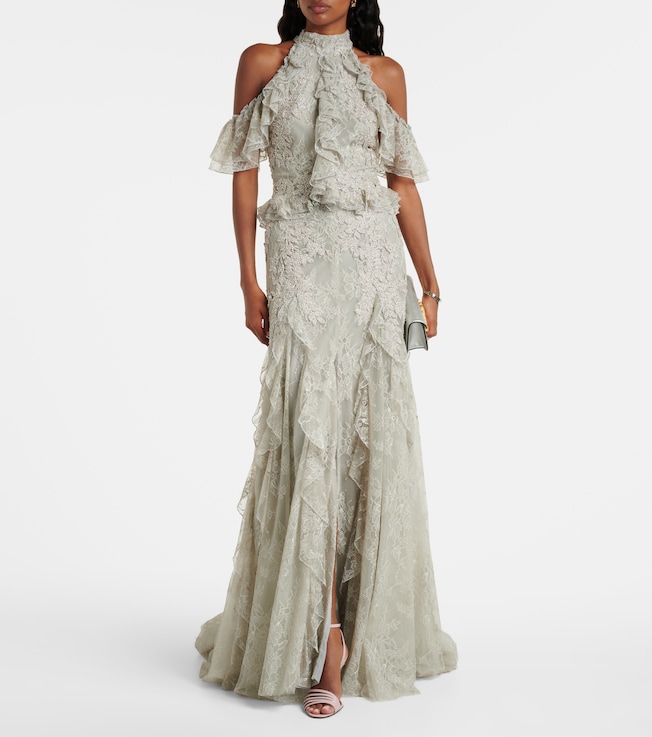Costarellos Rhodine embellished halterneck lace gown