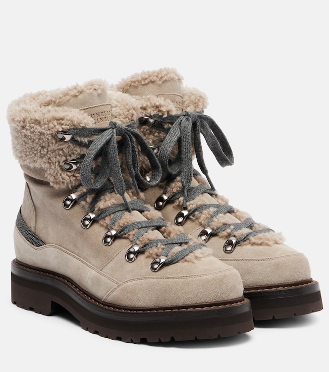 Brunello Cucinelli Shearling-trimmed suede lace-up boots