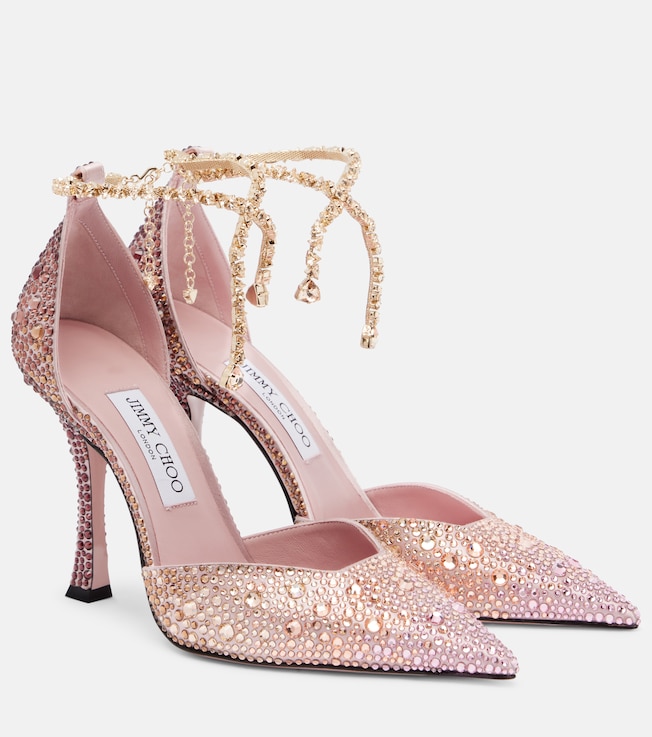 JIMMY CHOO Stevie 100 crystal-embellished satin pumps