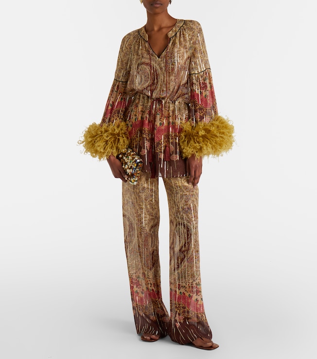 Valentino Paisley feather-trimmed silk-blend blouse