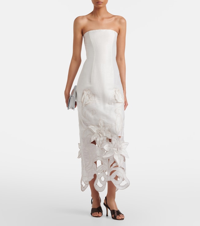 LEO LIN Rayna floral-appliqué linen-blend bustier gown