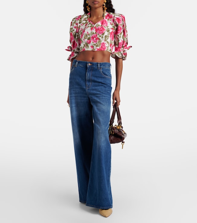 Chloé Floral cropped puff-sleeve cotton blouse