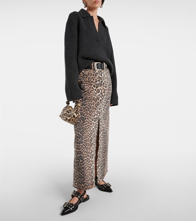 GANNI Leopard-print denim maxi skirt