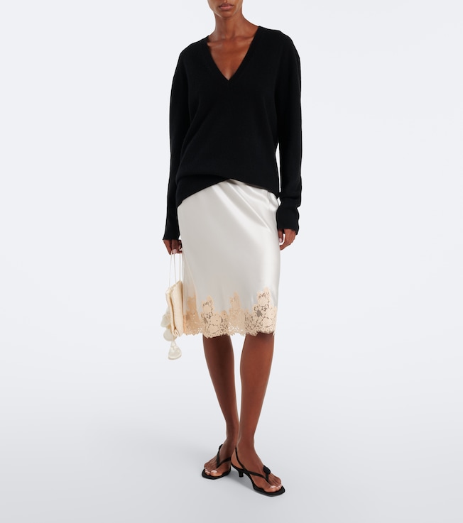 Dôen Elowette lace-trimmed silk satin midi skirt