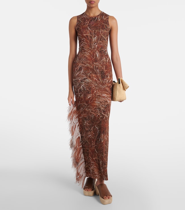 Loewe Feather-trimmed printed maxi dress