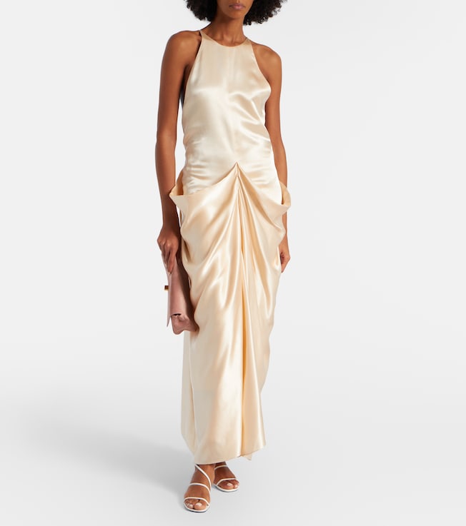 KHAITE Draped gathered satin maxi dress