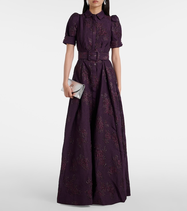 Rebecca Vallance Afina belted floral brocade gown