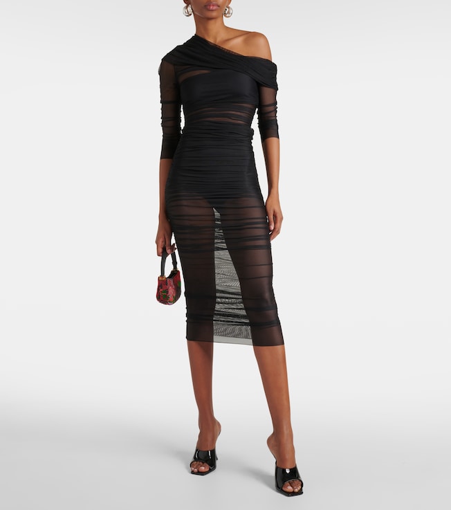 The Sei One-shoulder ruched mesh midi dress