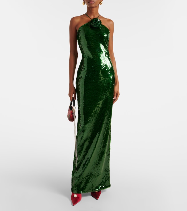Magda Butrym Floral-appliqué sequined halterneck gown