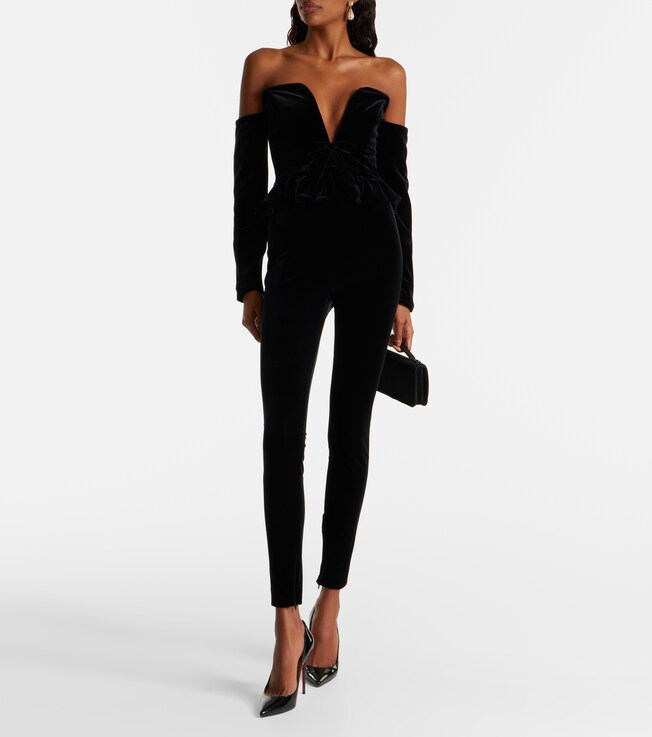 Alessandra Rich Bow-detail ruffled off-shoulder velvet jumpsuit