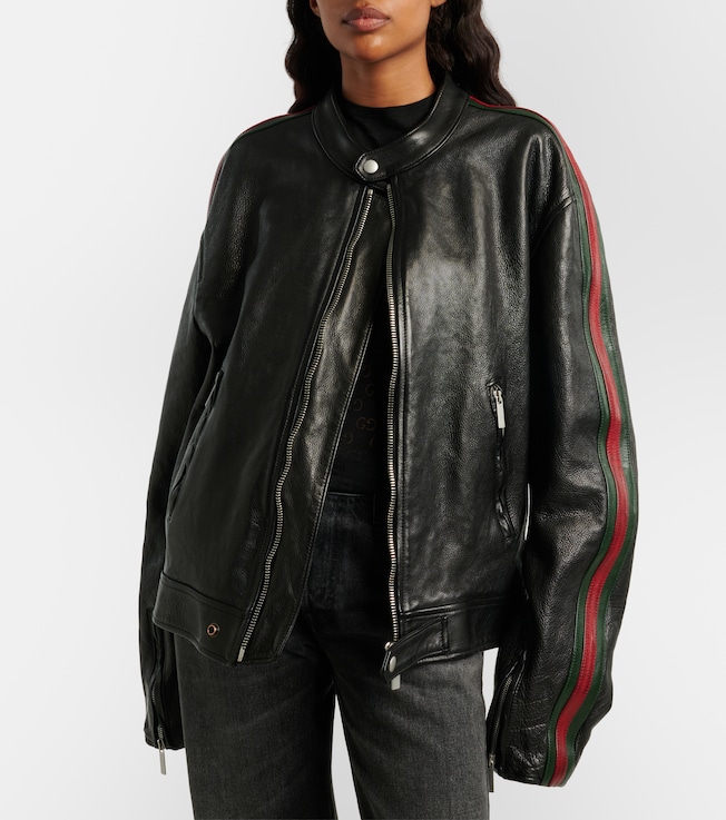 Gucci Web Stripe leather biker jacket