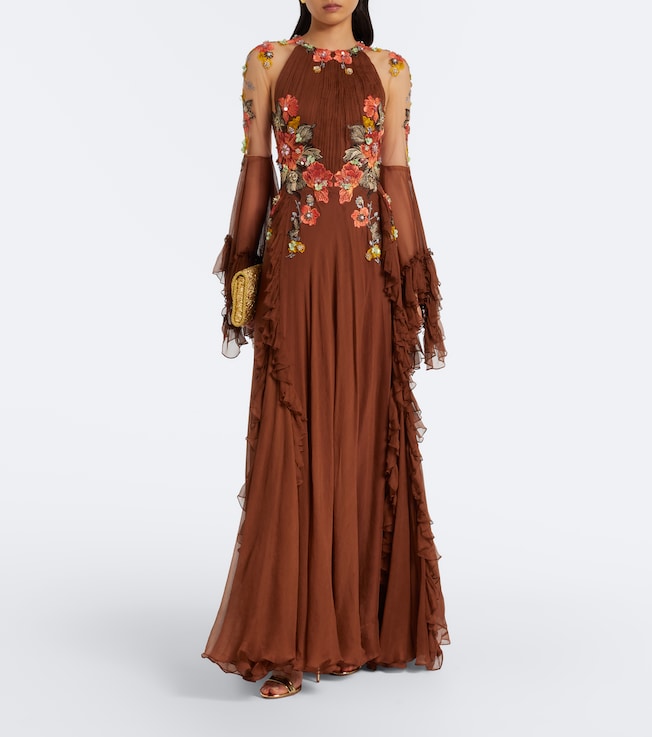 Costarellos Embroidered floral-appliqué silk gown