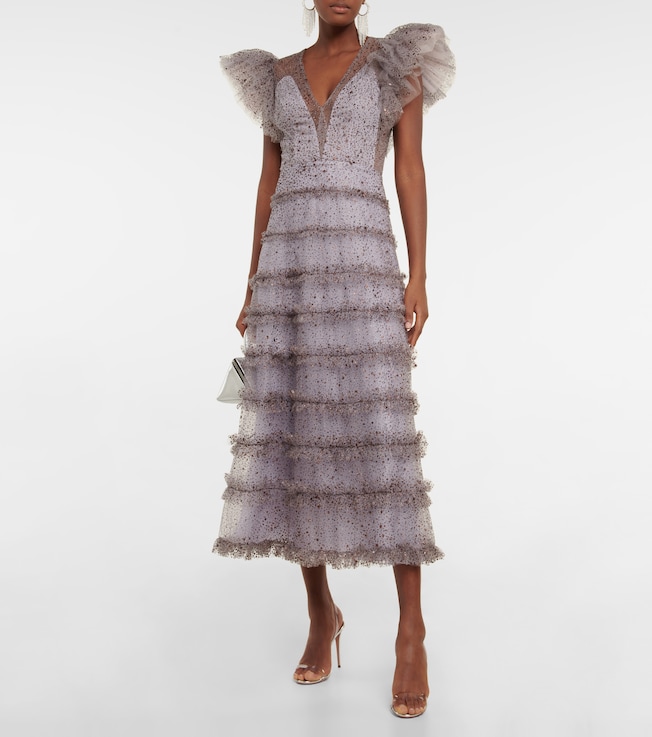 Costarellos Crystal-embellished ruffled midi dress