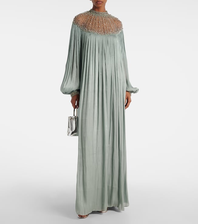 Costarellos Ellima embellished plissé georgette gown