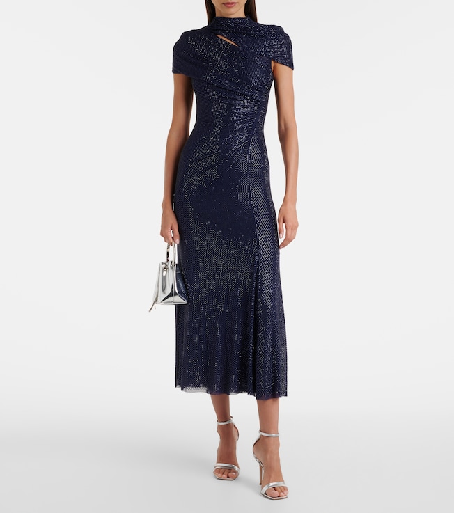 self-portrait Draped rhinestone mesh midi dress