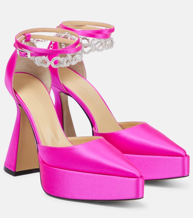 MACH & MACH Bow Chain embellished satin platform pumps
