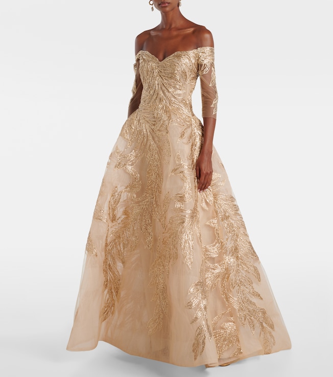 Monique Lhuillier Embroidered off-shoulder tulle gown 