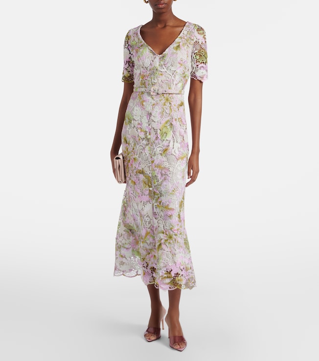 Monique Lhuillier Belted lace midi dress
