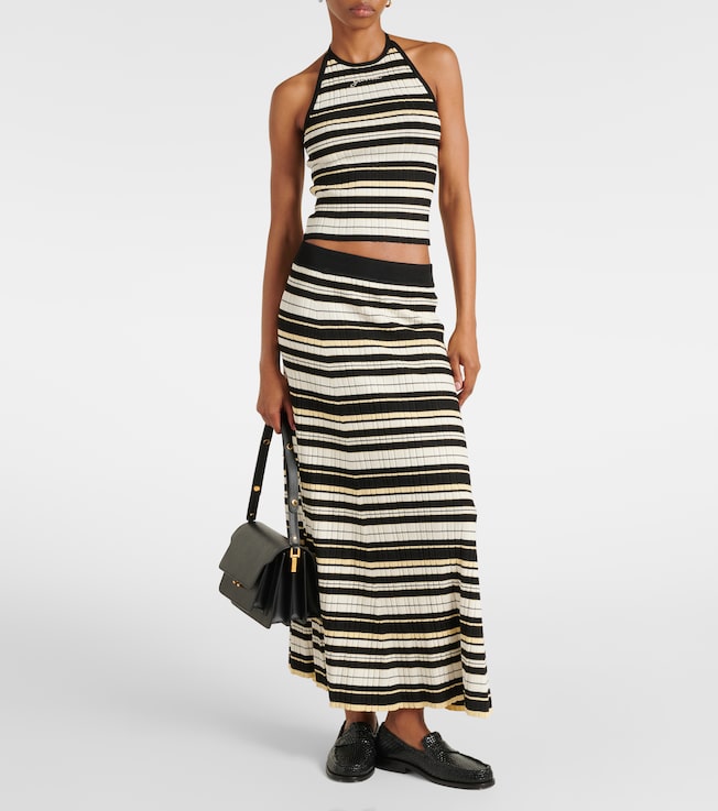 GANNI Ribbed-knit striped midi skirt
